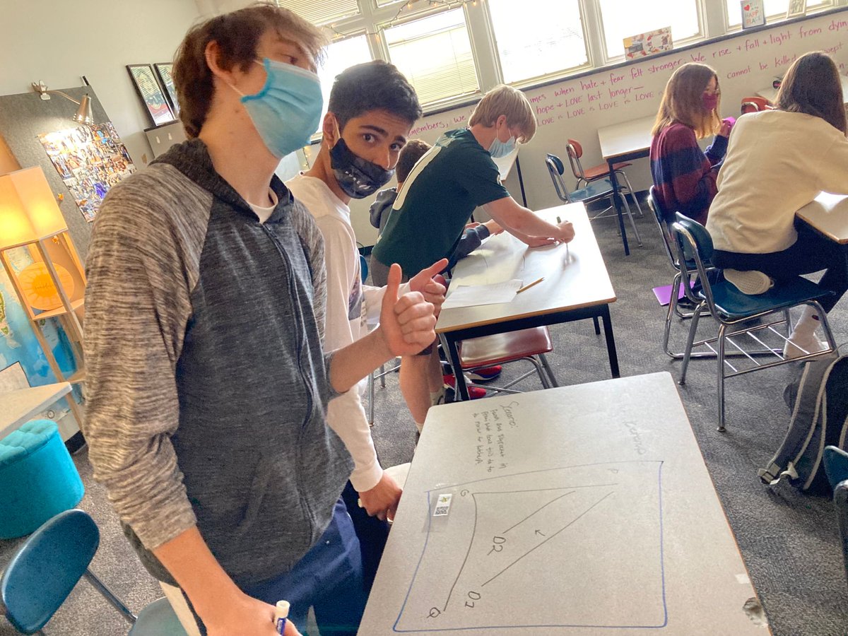 Students in Economics work on supply and demand graphs by drawing directly on desks. No worries—they used dry erase markers!