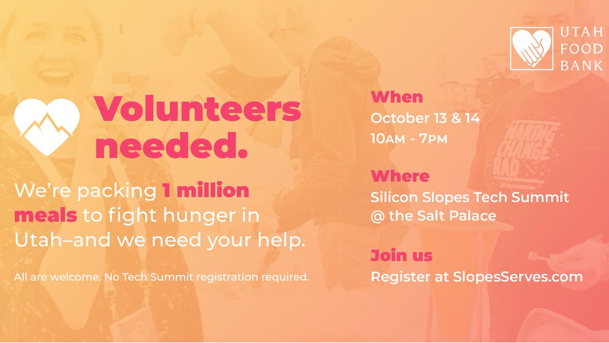 utahfoodbank's tweet photo. @SiliconSlopes Serves is next week- Oct 13th/14th. Sign up and join us as we work to pack 1 million meals for our neighbors in need. You don't need to be attending the conference to help! Register here: https://t.co/6zshzOCFhL

#hungerfight #siliconslopesserves #1millionmeals https://t.co/zroCbB0Si0
