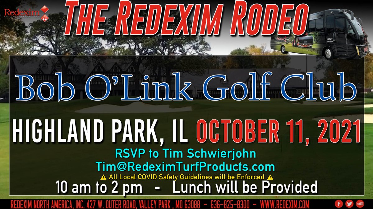 Redexim's tweet photo. Next Monday, we will be in Highland Park, IL at Bob O’Link Golf Club for the next Redexim Rodeo Event. Please RSVP to Tim Schwierjohn (email in photo). See you all there! #Redexim #RedeximRodeo #RTP #VertiDrain #VertiCore #TurfTidy #OverSeeder #Blec #MultiSeeder #VertiCut https://t.co/M330E61mTm