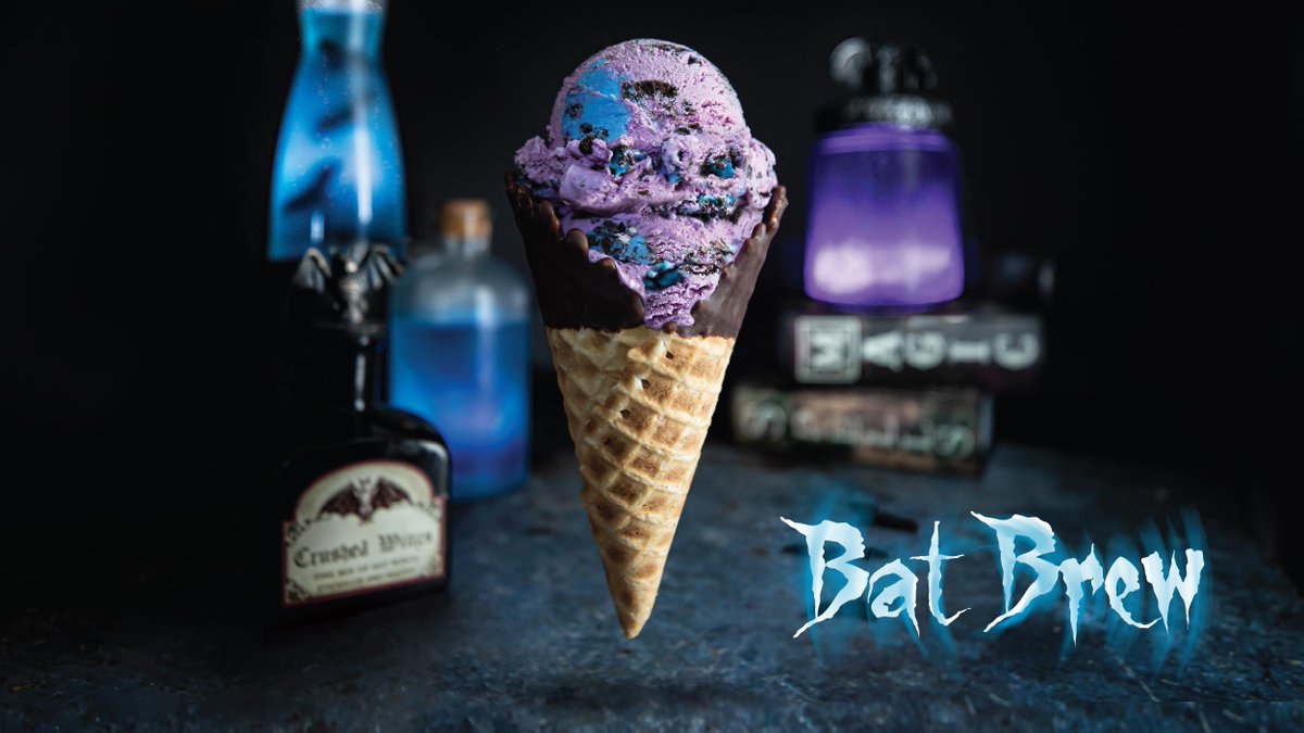 Oberweis's tweet photo. We dare you to devour this bubbling brew of cake batter ice cream oozing with OREO cookie pieces and gobs of ghostly frosting. Get yours before it vanishes into the night. 🦇 #doyoubatbrew #oberweissmallbatch #smallbatchrelease #iscreamyouscream #halloweeniceicream #batbrew https://t.co/l8y0Oezk67