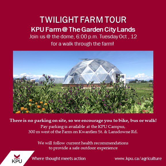 There has been a lot happening at the KPU Farm lately!  Come find out what is going on! The October Twilight Tour is happening on Tuesday, Oct 12 @ 6:00.  See you at the dome! .
.
<a href="/kwantlenu/">KwantlenU</a> @kpu_research <a href="/kwantlenstmkt/">KwantlenStMkt</a> <a href="/richmond_news/">Richmond_News</a> <a href="/funrichmond/">Fun Richmond</a> @cityofrichmondparks