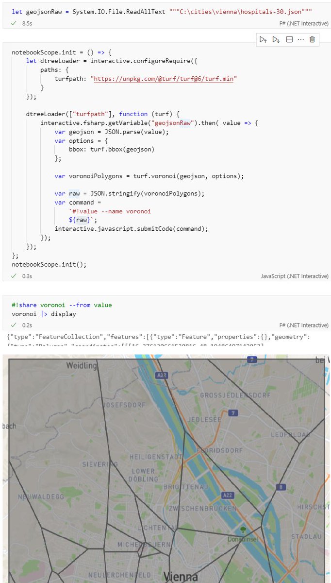 #dotnetinteractive is really good when you want to combine #javascript with #fsharp/#csharp . I needed to union functionalities of NetTopologySuite and @turfjs
 (screen just shows how to achieve it, not what I'm actually doing).