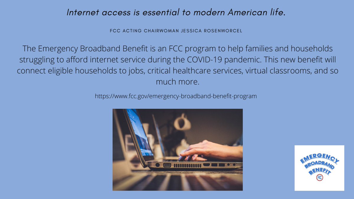KernRCtweets's tweet photo. Emergency Broadband Benefit - This benefit will connect eligible households to jobs, critical healthcare services, virtual classrooms, and so much more.

https://t.co/75DtAWXQ99
@FCC

#KernRegionalCenter #KernCounty #InyoCounty #MonoCounty #FCC #EBB #broadband https://t.co/KRJoGDcE6Y