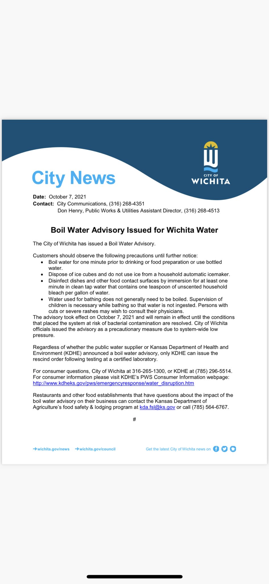 City of Wichita on Twitter: "The City is issuing a water boil advisory