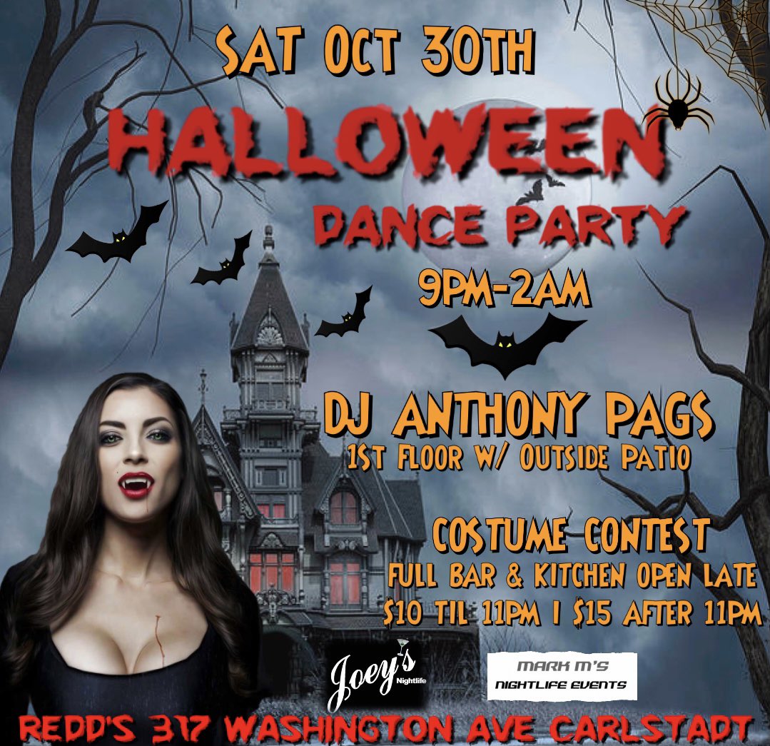 Sat Oct 30th Halloween Costume Dance Party <a href="/ReddsRestaurant/">Redd's Restaurant</a> 
$Prizes$ DJ Anthony Paglucci #Classics #House #Freestyle #Club #halloweencostume #party 🎃 #halloweenparty #costumeparty #bergencounty #passaiccounty #essexcounty #hudsoncounty