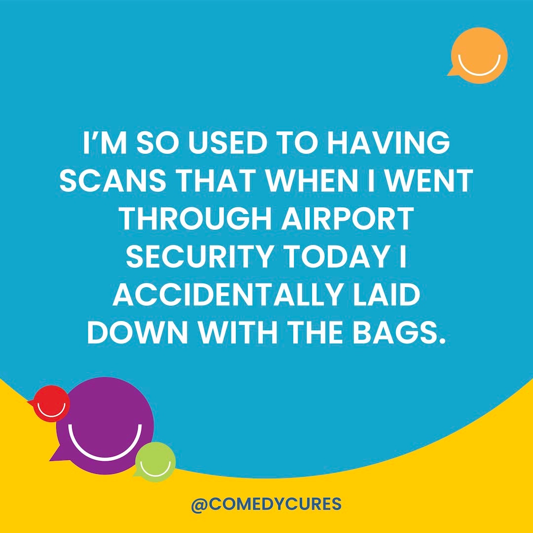 ComedyCures's tweet photo. One week of laughter! It’s Day #7 of our “Can We Laugh at Cancer?" Comedy Challenge.

Saranne’s Story Behind The Joke: At one point, when I had active stage IV cancer and I had not responded to treatment, some part of my body was getting scanned every 3 to 6 weeks. Enjoy! https://t.co/4bmllzJukE