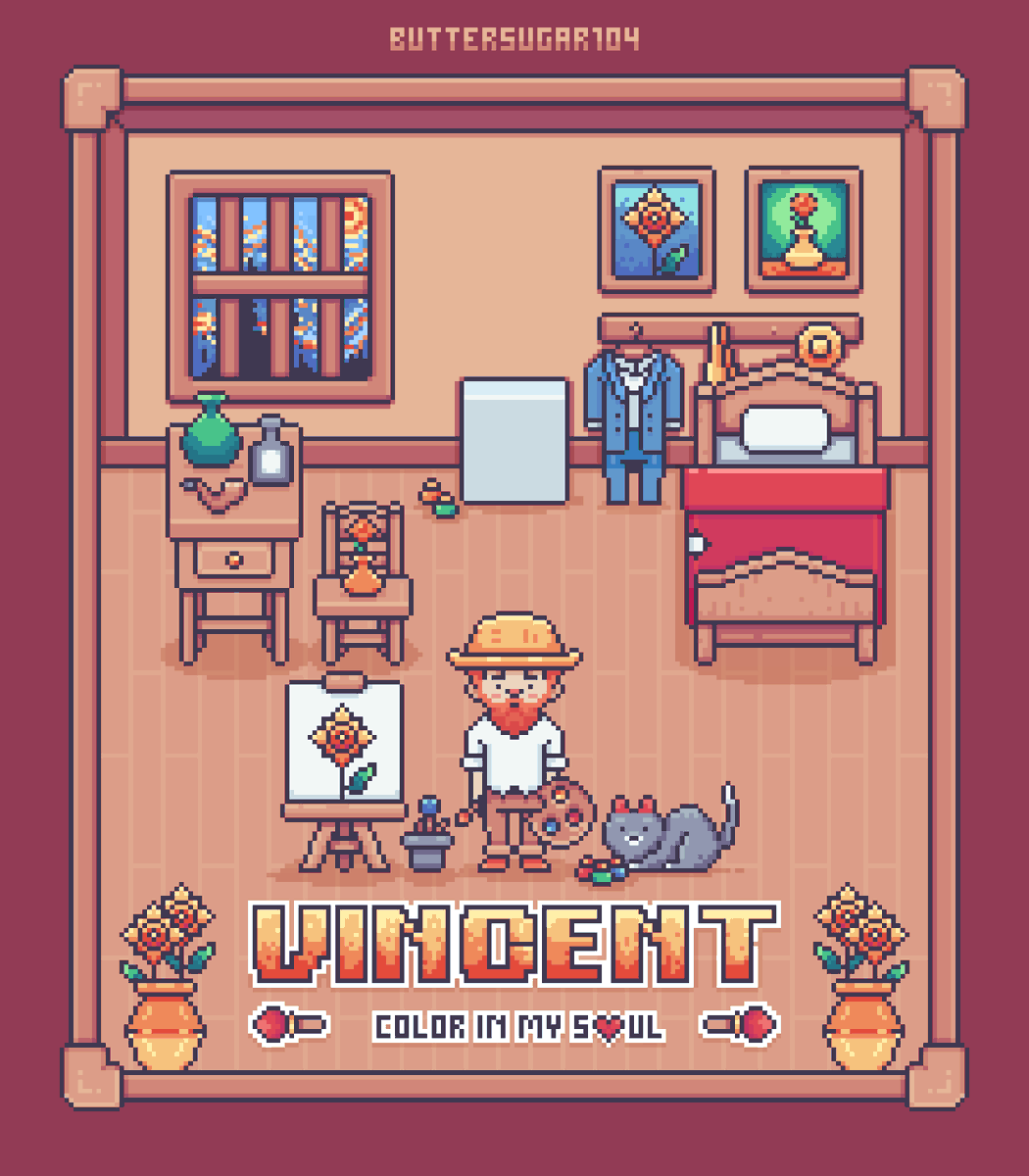 Buttersugar104's tweet photo. Vincent : Color in My S❤ul
#pixelart #aseprite #asepritepixelartthailand #thailand #pixel #vintage #8bit #vincent #wooden #vangoh #room #voxel #catt #wood #artist #expressionsm #studio #gamedev #game #indy #ui https://t.co/iGZuF5d9wH