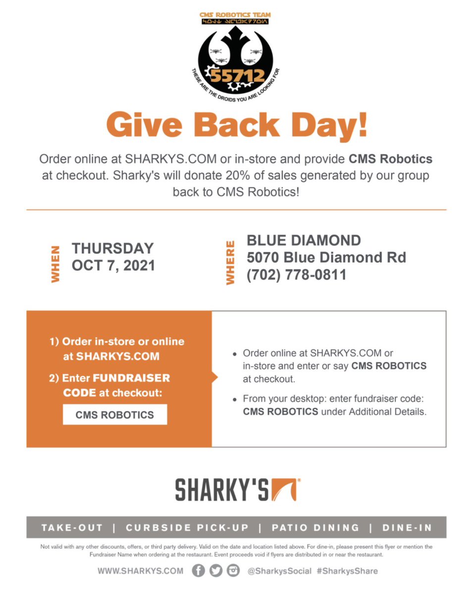 AffluenceLV's tweet photo. Help support today! School fundraiser through Sharky’s! See flier when ordering today &amp; use the code CMS ROBOTICS when ordering online! 20% of net sales go towards the robotics teams 🙏🏻@CanarelliMS #Robotics 
#JasonPalmira 
Robotics/STEAM @CMSRoboticsTeam https://t.co/1wS29qp2Jr
