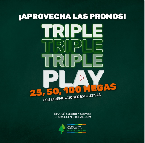 ➕ BONIFICACIONES PARA VOS 🤑
Contratando cualquiera de los 3 planes de #TRIPLEPLAY tenés 100% bonificado el Teléfono fijo 📞 Llamanos 👉 (03524) 470000 / 470900
#TRIPLEPLAY #CooperativaTelefónica #Coop_Totoral #TV  #Totoral #Internet #TelefonoFijo