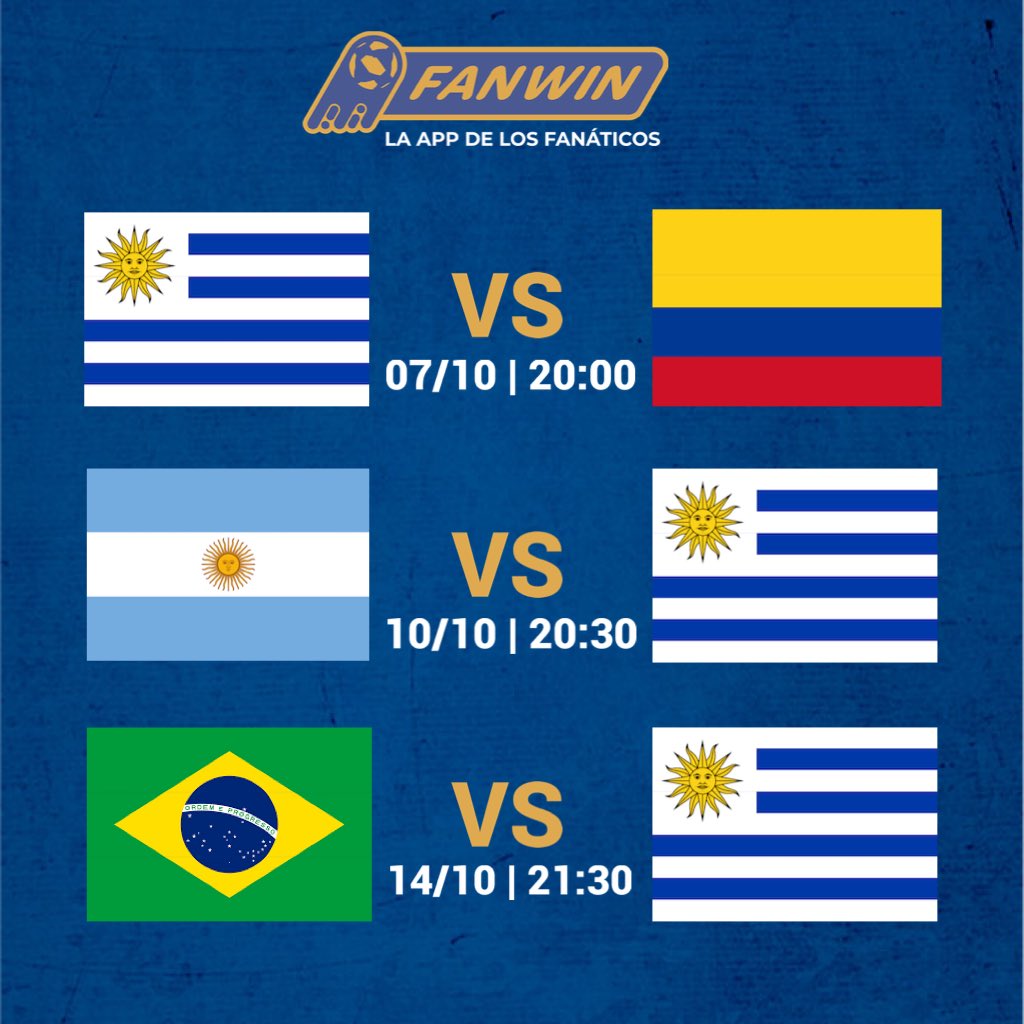 fanwinapp's tweet photo. ¿Sabías que en Fanwin podés hacer pencas personalizadas? Por ejemplo una con los 3 partidos de Uruguay en esta triple fecha de Eliminatorias. Desafiá a tus amigos por la picada y la birra 😉 
#LaAppDeLosFanáticos https://t.co/c3ukcXo6Gf