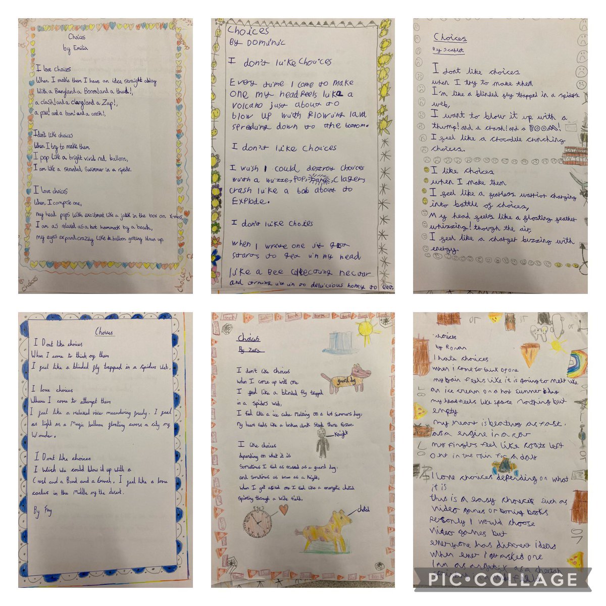 TR_Teach's tweet photo. We have enjoyed our poetry filled day today. I told my class I would share their poems for #NationalPoetryDay. Thank you @joshuaseigal for the inspiration: I don’t like poetry. We imitated by thinking about how choices make us feel. We hope you like them! https://t.co/SDRv1zRE2d