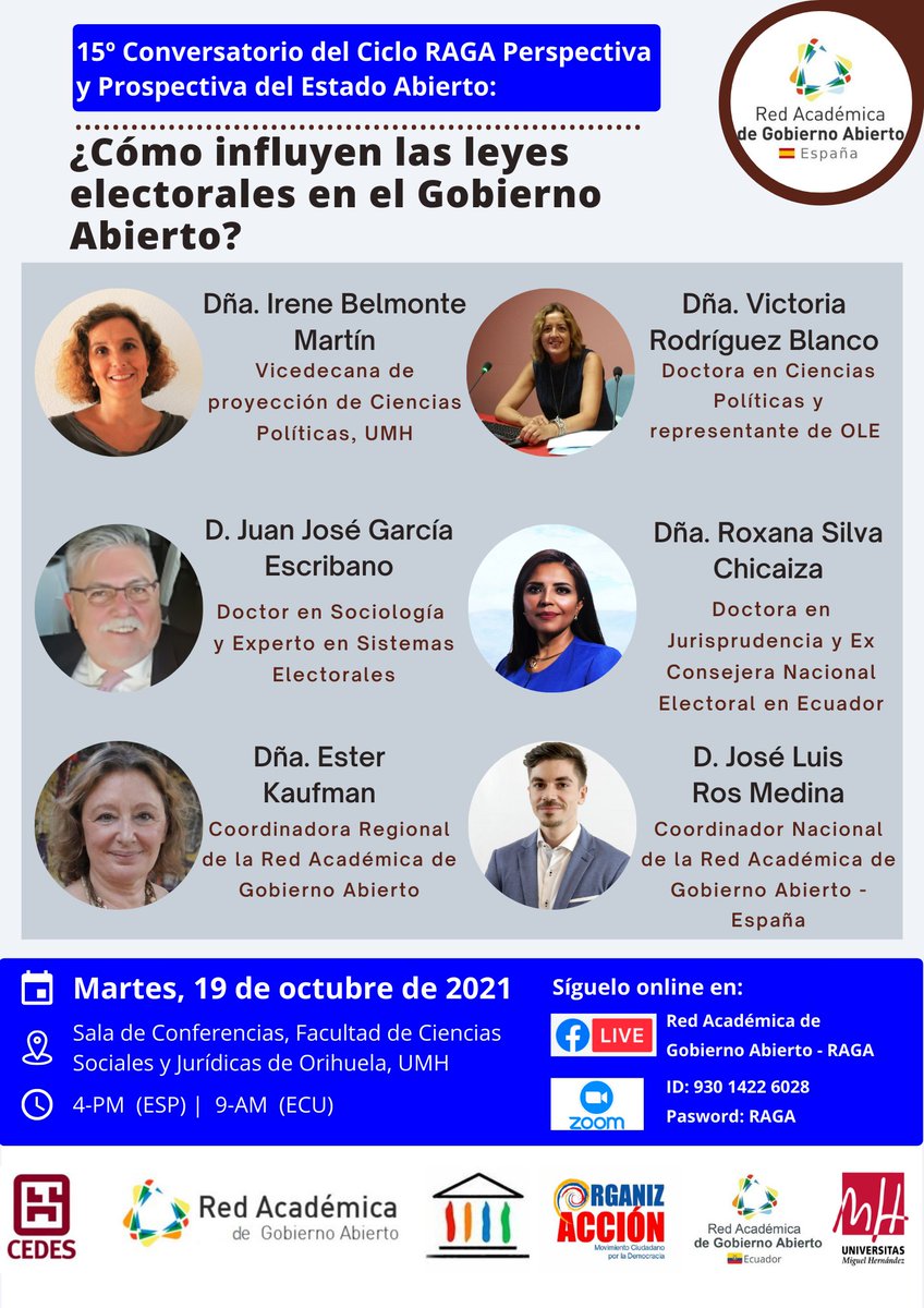 RagaEsp's tweet image. 📢¡Nuevo conversatorio!

👉¿CÓMO INFLUYEN LAS LEYES ELECTORALES EN EL GOBIERNO ABIERTO?

📆 19 - oct | 4PM (ESP)

👤 Participan:

🔹Irene Belmonte
🔹@victoriarodrib 
🔹Juan José G. Escribano
🔹@roxanasilvach 
🔹@EsterKaufman 
🔹@jlrosmedina 

💻bit.ly/3iF5e3x
