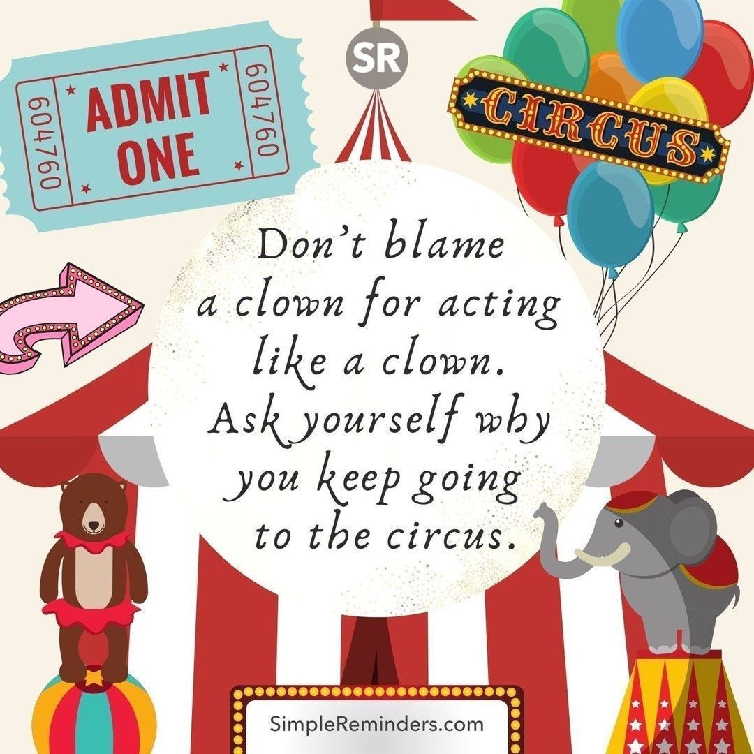 Simple Reminders (@simplereminders) on Twitter photo Don’t blame a clown for acting like a clown. Ask yourself why you keep going to the circus.
<a href="/GoMcGillMedia/">McGill Media</a> <a href="/JenniMcGill_/">Jenni Young McGill</a> <a href="/BryantMcGill/">Bryant McGill</a>
#simplereminders #quotes #quoteoftheday #life #positivewords #positivethinking #inspirationalquote #motivationalquotes #lifelessons Don’t blame a clown for acting like a clown. Ask yourself why you keep going to the circus.
<a href="/GoMcGillMedia/">McGill Media</a> <a href="/JenniMcGill_/">Jenni Young McGill</a> <a href="/BryantMcGill/">Bryant McGill</a>
#simplereminders #quotes #quoteoftheday #life #positivewords #positivethinking #inspirationalquote #motivationalquotes #lifelessons