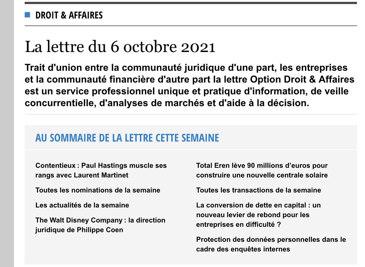 SahraSaoudi's tweet photo. La nouvelle lettre de Option Droit &amp; Affaires est en ligne. En une : @Paul_Hastings #Paris muscle ses rangs en #contentieux avec l'arrivée de Laurent Martinet @Martinet_Lam et de son équipe https://t.co/O2PuCDlKJ4 https://t.co/0YS7F8JX6e