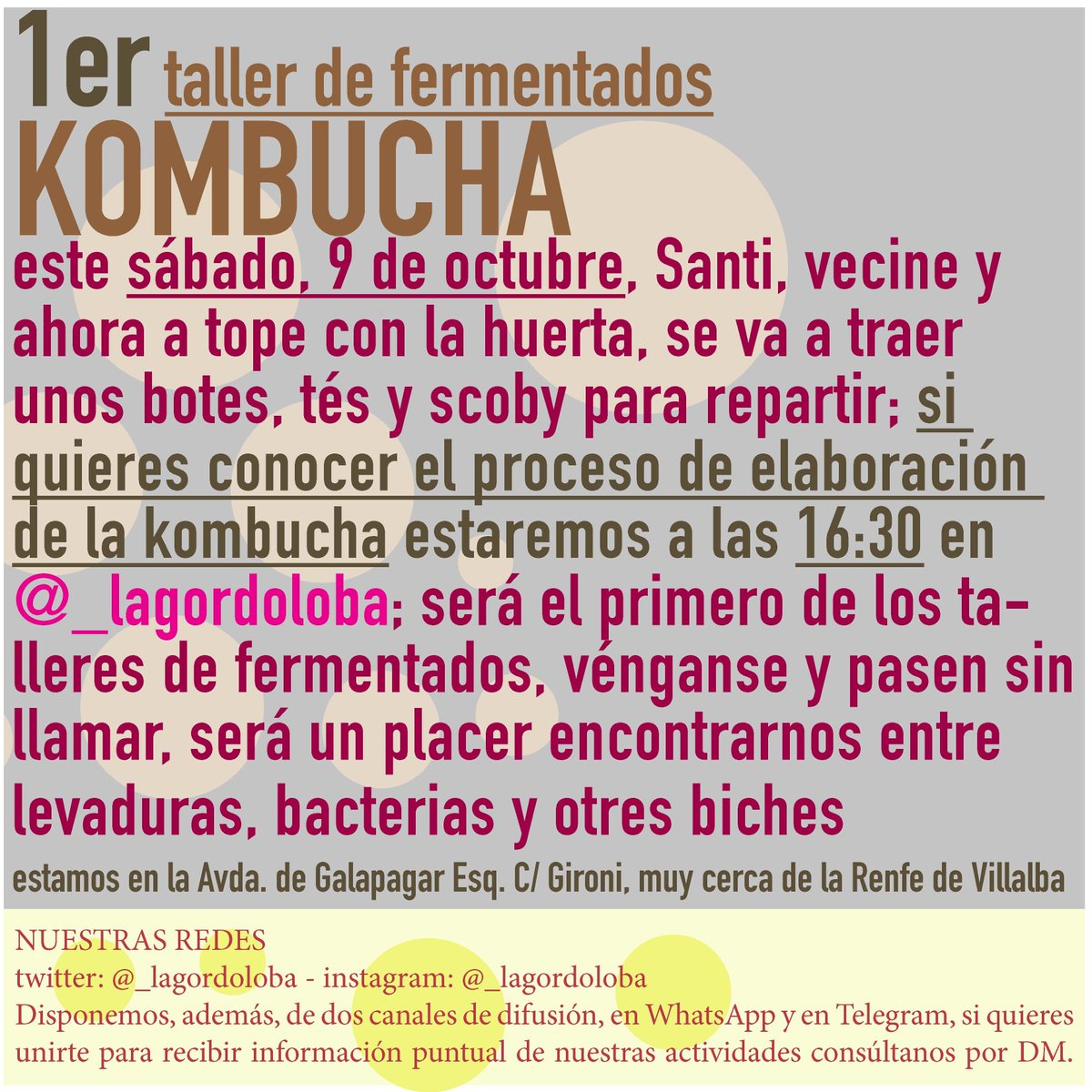 👅 Lo dicho, algunes ya probamos la kombucha el día de la inauguración. Ahora nos van a contar qué es, cómo se prepara, y, ¡avisamos! 🥁🥁🥁 además de taller habrá cata. ¡Venirse!, este sábado, a las 16:30, en <a href="/_lagordoloba/">Huerta de La Gordoloba</a>, Avda. Galapagar Esq. C/ Gironi (Collado Villalba) 👇🏽👇🏽