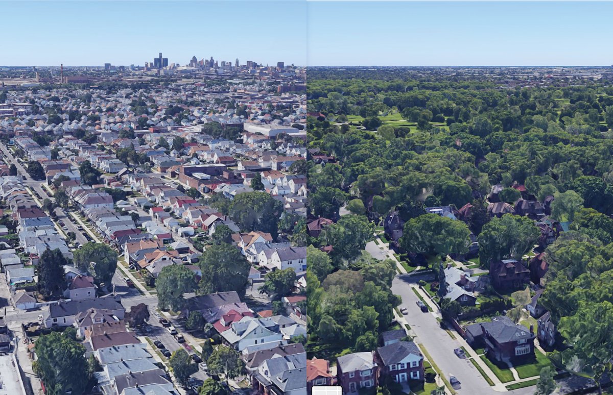 AmericanForests's tweet photo. Why do we need every neighborhood to look like the one on the right? Because trees across the US absorb 17.4 million tons of air pollutants, preventing 670,000 cases of asthma and other acute respiratory symptoms annually #TreeEquity #Forests4Climate https://t.co/h0QmBcg67l