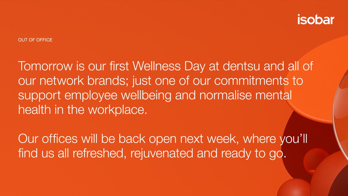 DentsuCRTV's tweet photo. As part of @dentsuintl's first #wellness day, our teams are enjoying some well-deserved time off to relax and recharge.
We'll be back on Monday, where you’ll find us refreshed, rejuvenated... and ready to #InventMakeChange! https://t.co/v5KFRmpAtq