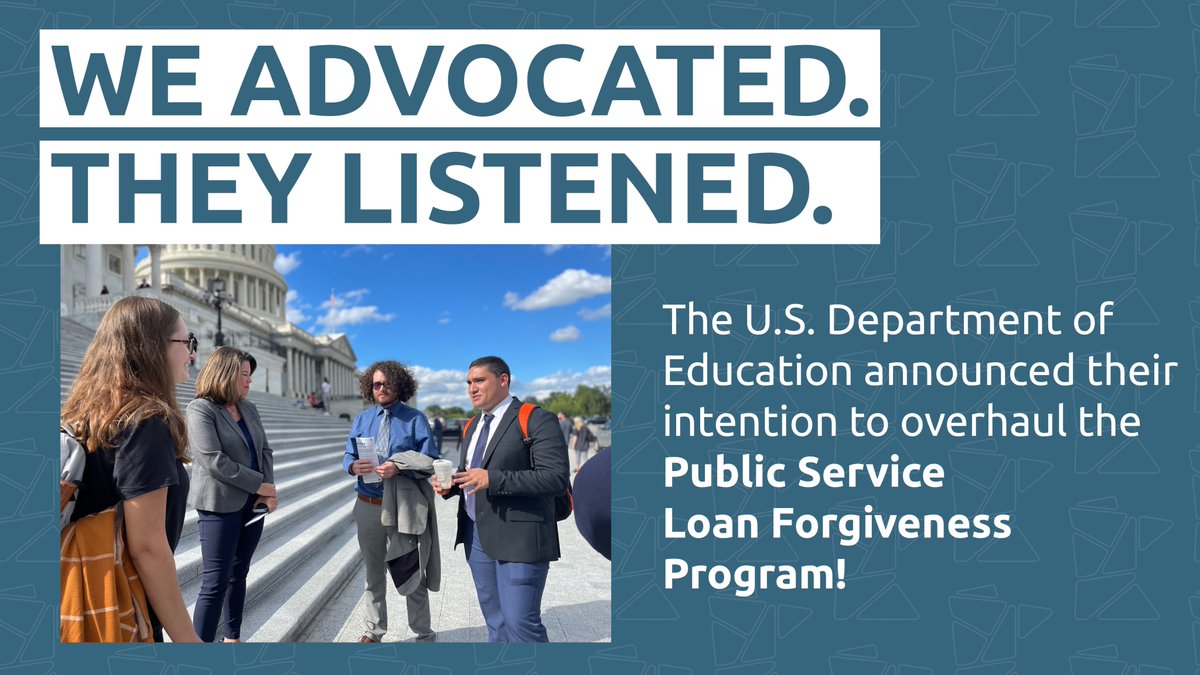 Students7United's tweet photo. We advocated, they listened. 

@usedgov announced their intention to overhaul the Public Service Loan Forgiveness Program – which has not worked as it was intended to and left many with debt they were told would be forgiven.

Thank you to everyone who organized around this issue! https://t.co/tkUPZEk8Ni