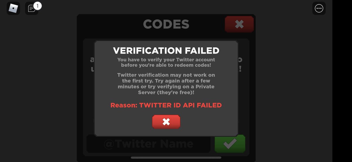 KidzGenz's tweet photo. @NosniyRBLX 

When will the twitter verification be working for Treasure Quest? I keep getting failed API message even when using a private server: https://t.co/kLEM7nku1V