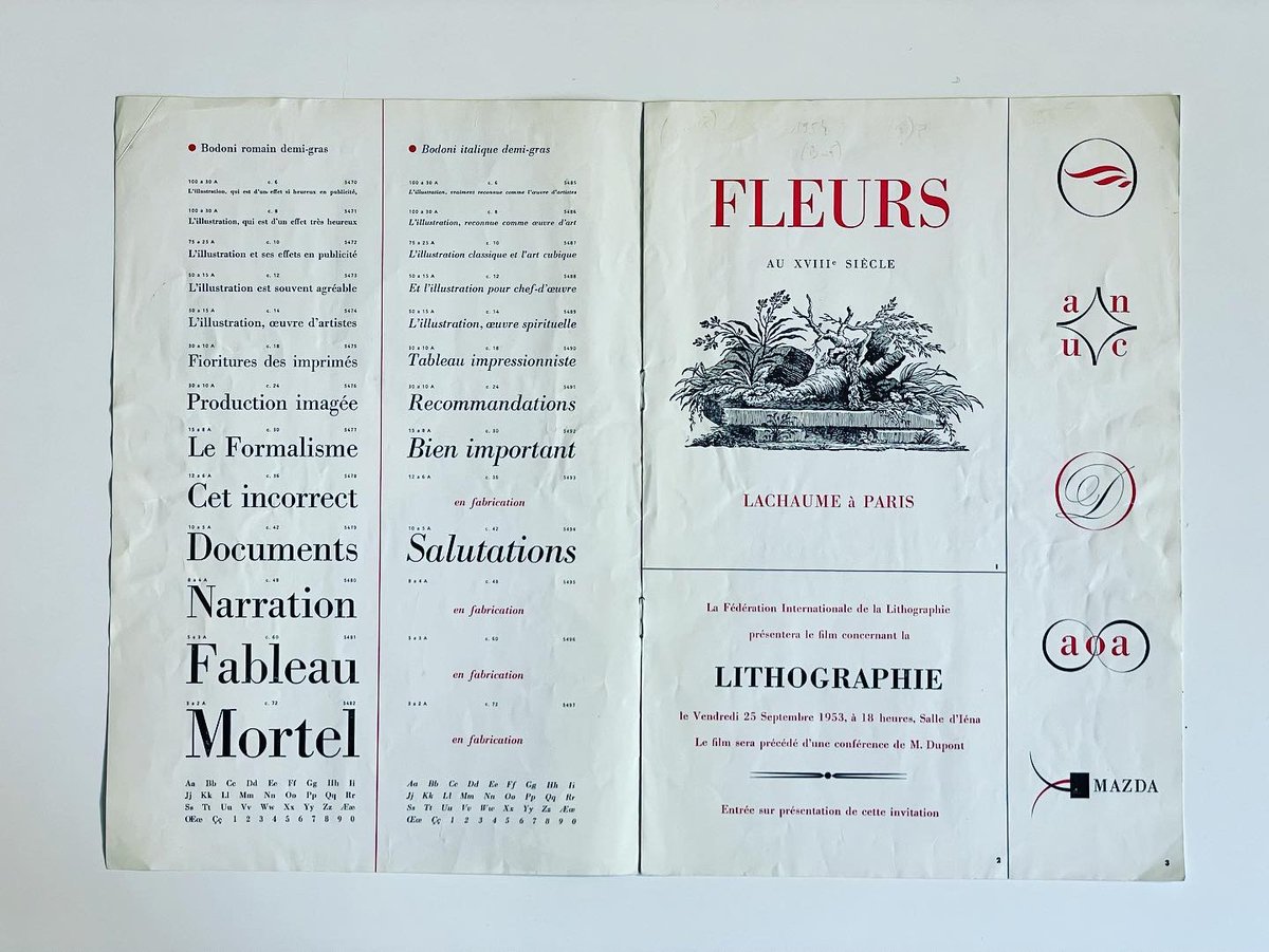 typofonderie's tweet photo. Rare specimen of Bodoni by Deberny et Peignot from the 50s. Sober design, using white, black and red. A coup de force this B with the O placed on the mid bar of the B. Nice fake logotypes-monograms. 👋The nod to Balzac who was a type founder and seller of Didot! https://t.co/2sug2UdBgO