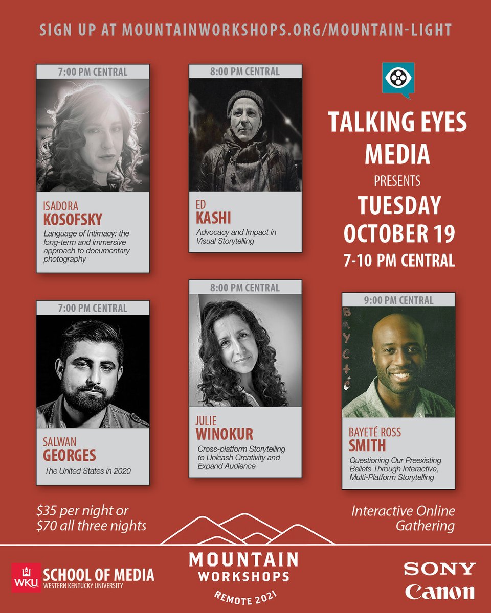 #MountainWorkshops is hosting #virtual nightly presentations this month, hosted by different #visualstorytelling organizations. I'm presenting with @talking_eyes, Julie Winokur, @IsadoraKosofsky @salwangeorges & #BayetéRossSmith on Tues, Oct. 19. Join us! bit.ly/3oH8lf1