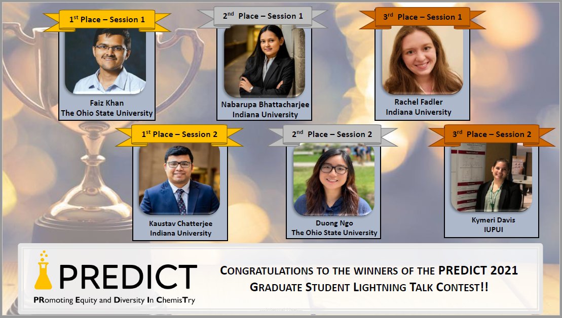 ACSPREDICT2021's tweet image. Our Lightning Talk competition was a resounding success, it was great to see students share their work in this format and we want to take moment to recognize our winners from both sessions! Thanks to everyone who participated! #ACSPREDICT2021 #SciComm #DiversifySTEM