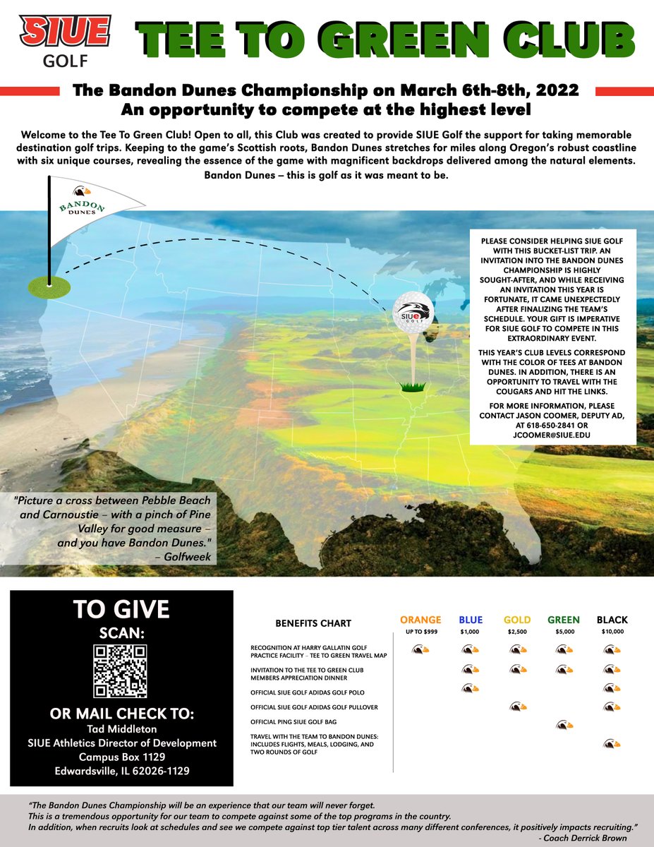SIUE Golf has been invited to play in the Bandon Dunes Invitational this spring! To help with travel costs we  launched a fundraising program, Tee to Green Club, to send our team to compete at one of the premier resorts in the world! Please visit siuecougars.com/victory/golf to help!