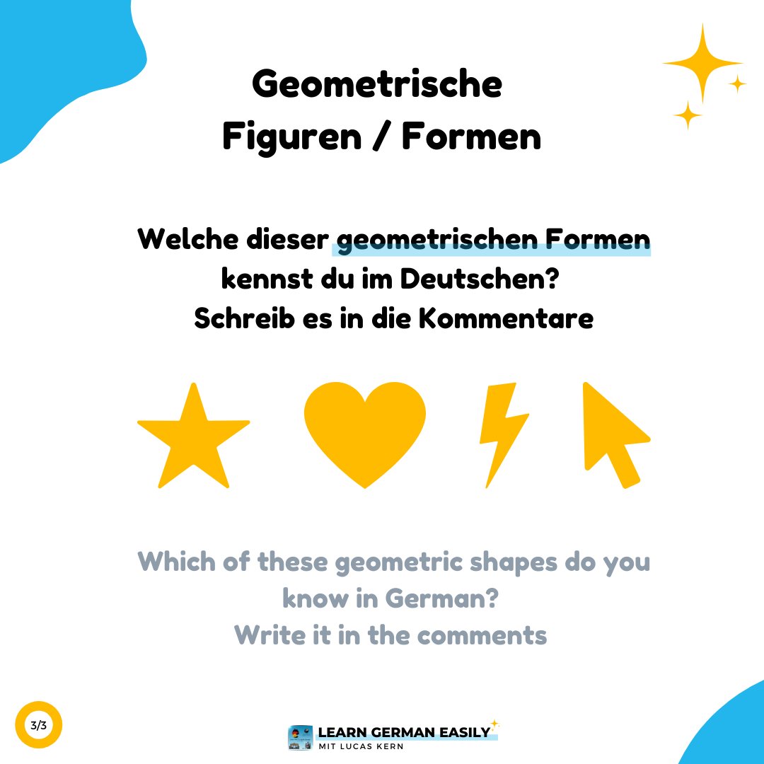 LearnXDGerman's tweet image. Learn new words today! These are geometric shapes in German! Save the picture so you can study them again later! Zwinkerndes Gesicht

🇩🇪 der Kreis 🔵
🇺🇸 circle🔵

🇩🇪 das Dreick 🔺
🇺🇸 triangle 🔺

🇩🇪 das Quadrad 🟨
🇺🇸 square 🟨

🇩🇪 das Sechseck 🛑
🇺🇸 hexagon 🛑

#learngermaneasily