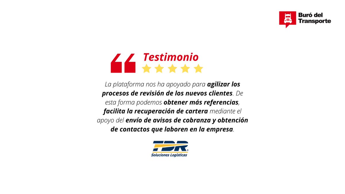 BuroTransporte's tweet photo. Agradecemos a @tdr_logistica, empresa líder que forma parte de nuestra gran comunidad, por su testimonio.

#Únete #BuróDelTransporte #TestimonioBDT #ComunidadSegura 

#Transporte #Autotransporte #TransporteTerrestre #Fletes #Logistica #LogisticaYTransporte https://t.co/56nIoUipZk