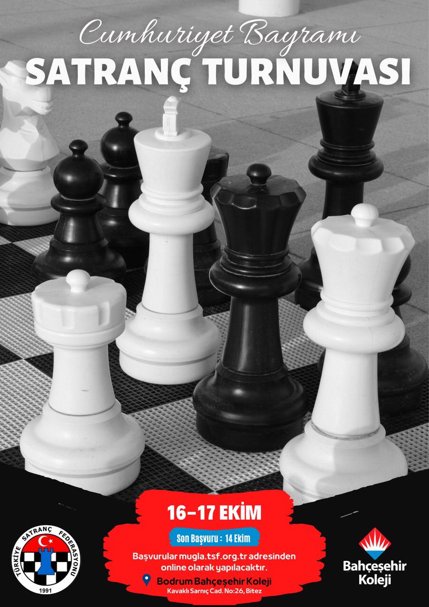 📣‘Cumhuriyet Bayramı 🇹🇷 Satranç Turnuvası’ 16-17 Ekim tarihlerinde Okulumuz spor salonunda gerçekleşecektir. Tüm satranç tutkunlarını turnuvaya bekliyoruz. 
🏆♟🏆♟🏆

#BodrumSatranç 
#CumhuriyetBayramıSatrançTurnuvası2021
#BodrumBahceşehirKoleji