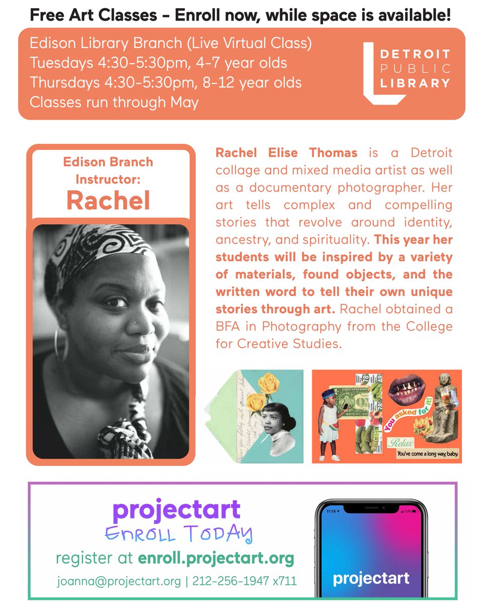 Detroit Library (@detroitlibrary) on Twitter photo Meet Rachel Elise Thomas! Rachel is the <a href="/projectartusa/">ProjectArt</a> instructor for the Edison Branch virtual classes. Classes are on Tues. from 4:30 - 5:30pm for 4-7 year olds and on Thurs. from 4:30 - 5:30pm for 8-12 year olds.
Edison still has space available!
projectart.org Meet Rachel Elise Thomas! Rachel is the <a href="/projectartusa/">ProjectArt</a> instructor for the Edison Branch virtual classes. Classes are on Tues. from 4:30 - 5:30pm for 4-7 year olds and on Thurs. from 4:30 - 5:30pm for 8-12 year olds.
Edison still has space available!
projectart.org