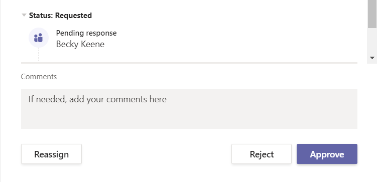 BeckyKeene's tweet photo. I just found my new favorite button in @MicrosoftTeams approvals app... watch out @edtechwells 😉 #Reassign https://t.co/vifHnJurG3