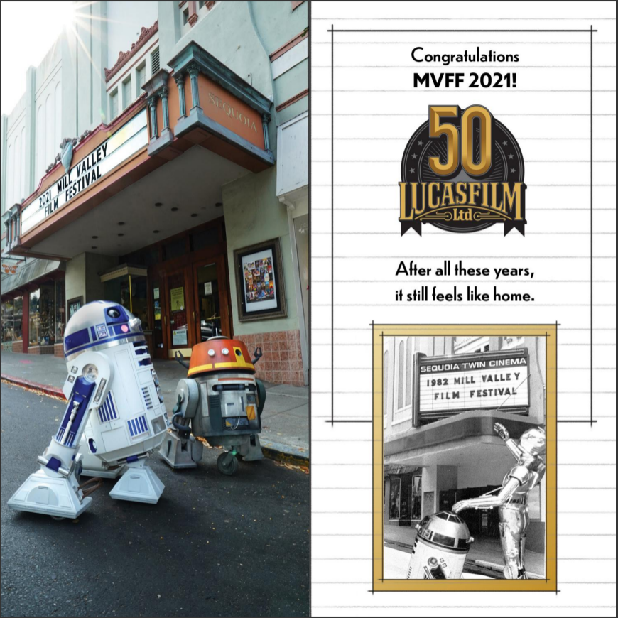 Lucasfilm Ltd. came calling to include R2-D2 &amp; Chopper in the Mill Valley Film Festival <a href="/MVFilmFest/">Mill Valley Film Festival</a> program. #MVFF44 Look who made the [back] cover! Their aim for the anniversary was to re-create an earlier photo at the historic Sequoia Cinema. #R2D2 #Droids @grantwmckinney