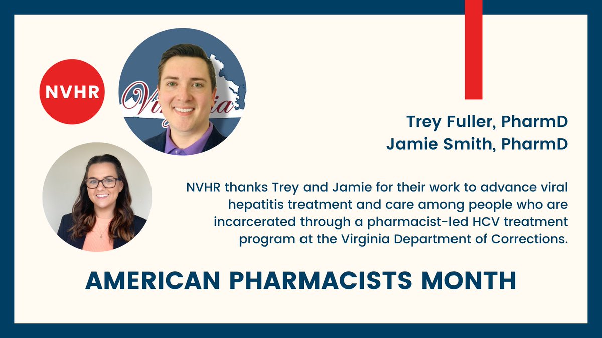 <a href="/VADOC/">VADOC</a> pharmacists Trey Fuller &amp; Jamie Smith support the Referral on Release Program in VA, in partnership with <a href="/UVA/">UVA</a>, which helps connect people who were diagnosed with #HCV while incarcerated to treatment on release. For more about the program: virginiahepc.com/ror-program #APhM2021