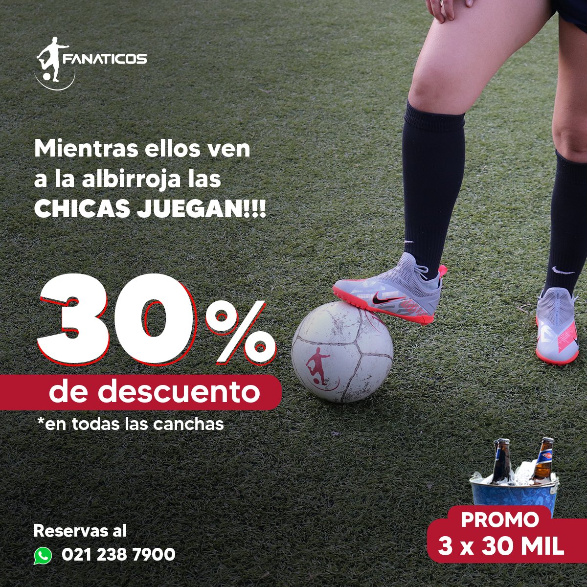 FanaticosPY's tweet photo. ¡Hoy ellas juegan con 30% de descuento en las canchas! ⚽

Y ellos alientan a la selección con nuestra promo 3x30 mil de pilsen 🍻

Hacé tu reserva al 021 238 7900 📲

#Fanaticos #Deportes #Futbol #Albirroja #Promo https://t.co/WtNQJhr94B