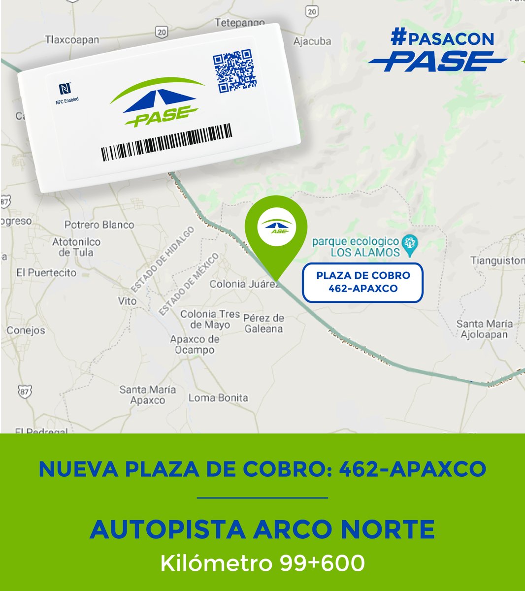 tagpasemx's tweet photo. #PasaConPASE ahora a la nueva caseta de cobro "462-Apaxco", ubicada en la autopista Arco Norte. 🛣💯
Consulta la cobertura completa desde el portal o la app "Tu Tag PASE" https://t.co/241iGe7YI4