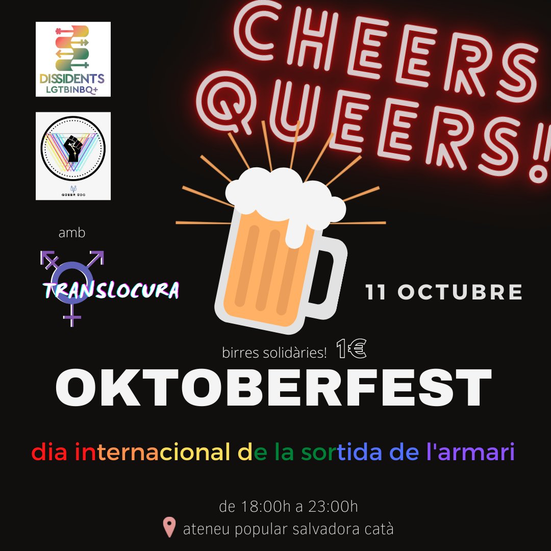 ⚠️ALERTA‼️‼️
Aquest dilluns celebrem el dia internacional de la sortida de l'armari amb un increïble #Oktoberfest  💃💃🔥🍻
#cheersQueers