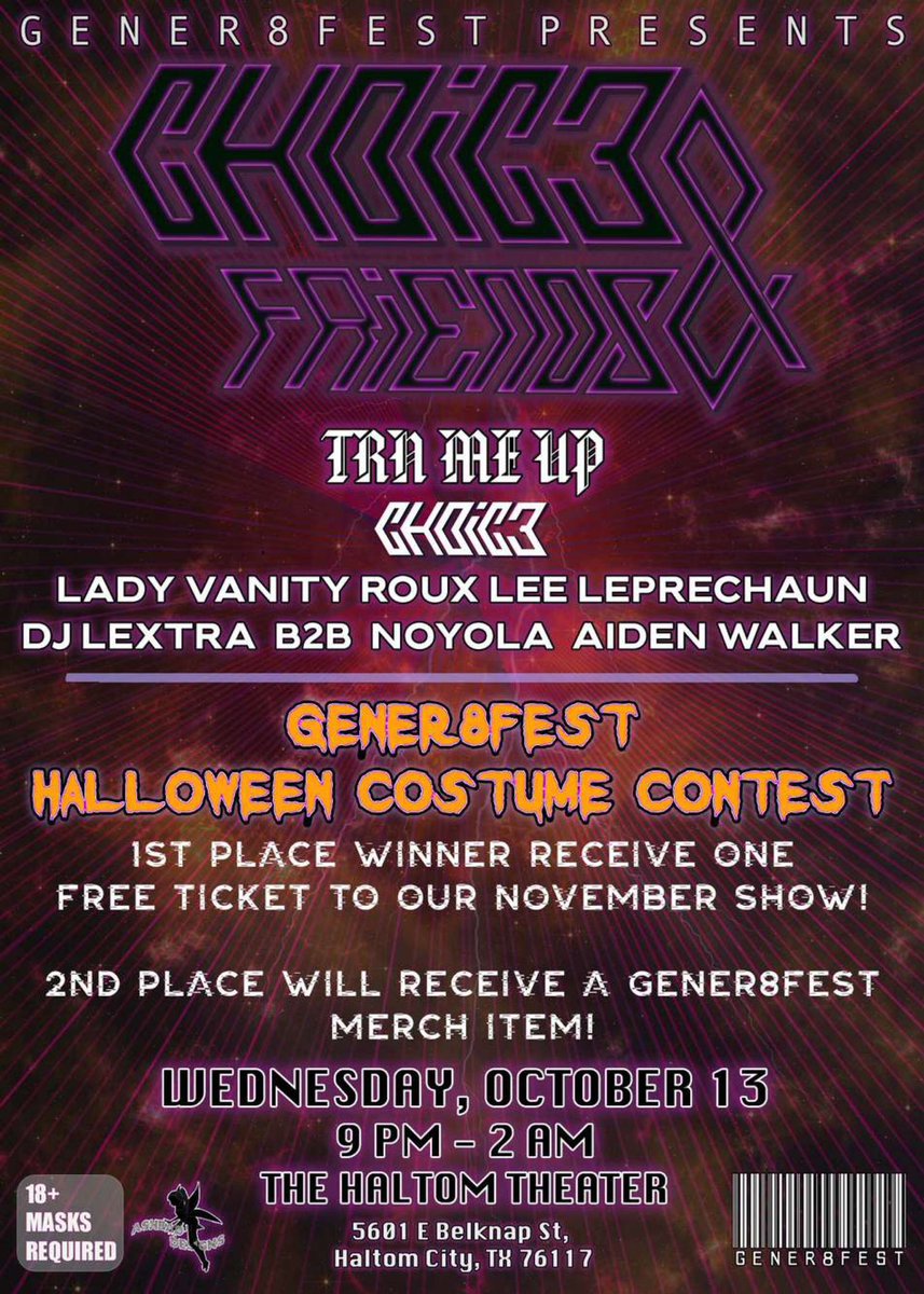 We are less than a week out from @brendanc0nway &amp; FRIENDS!!! We are also doing a costume party and will have some surprises for you guys 👀

Get your tickets here! ⬇️
gener8fest.ticketspice.com/choic3-n-frien…