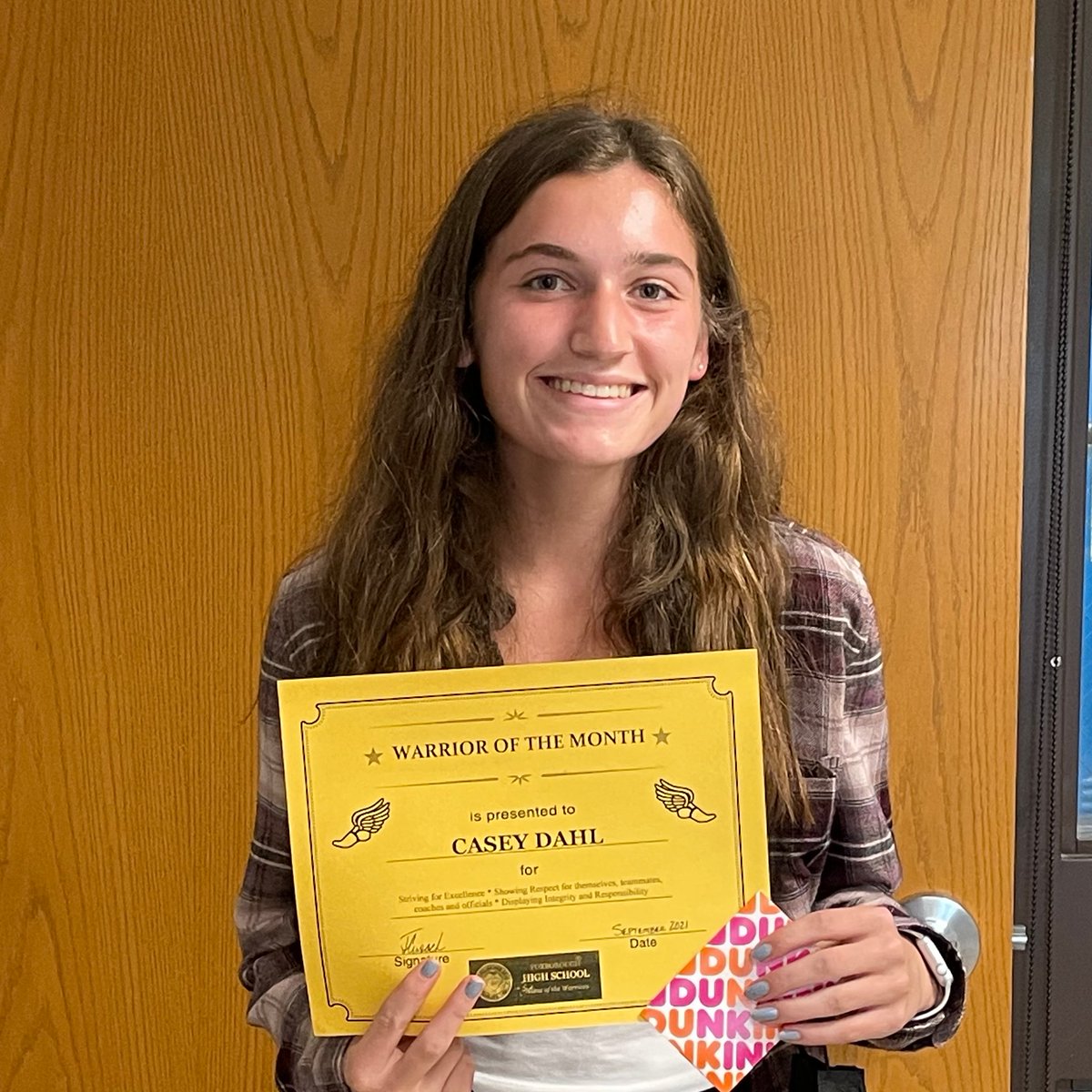 Congratulations to our other Warrior of the Month winner, Casey Dahl (XC).  Casey has led the Warriors in five of the six meets so far, and has two individual dual meet wins in her first season of XC!  Thanks to TDA for sponsoring.