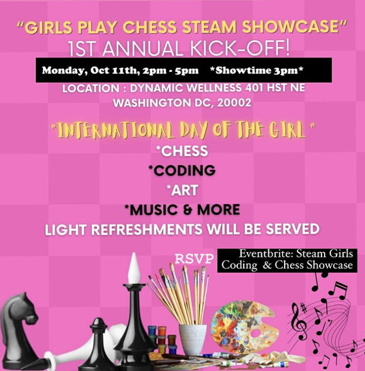 GameDevDebbie's tweet image. Monday is the UN&apos;s International &quot;Day of the Girl&quot; and our STEAM Center will celebrate with a special STEAM Girls Chess &amp;amp; Coding Showcase! eventbrite.com/myevent?eid=18…