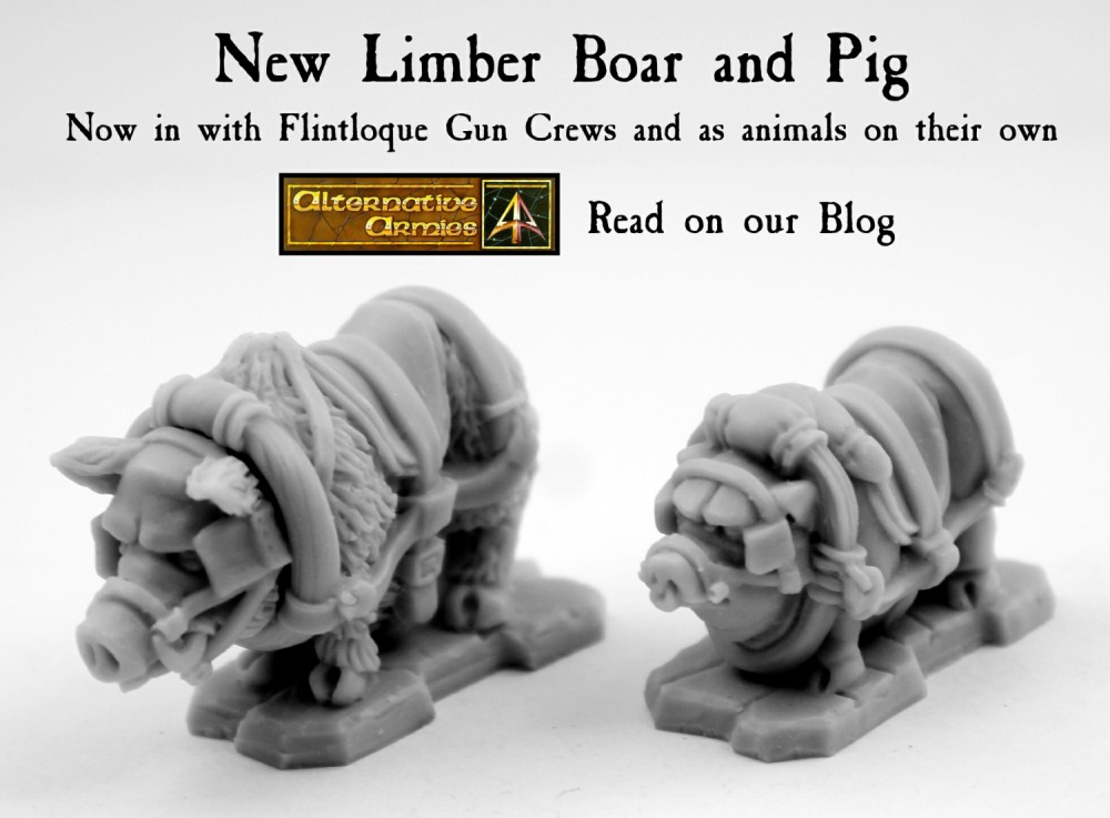 alternat_armies's tweet photo. Pull those guns! New limber boar and pig added to the expansive range of 28mm animals at #alternativearmies. Useful in #Flintloque and #Slaughterloo of course but many other settings too. Read more on our blog and see some other things there too. https://t.co/9Pl8OKvY5P https://t.co/NtiwEi3fY9