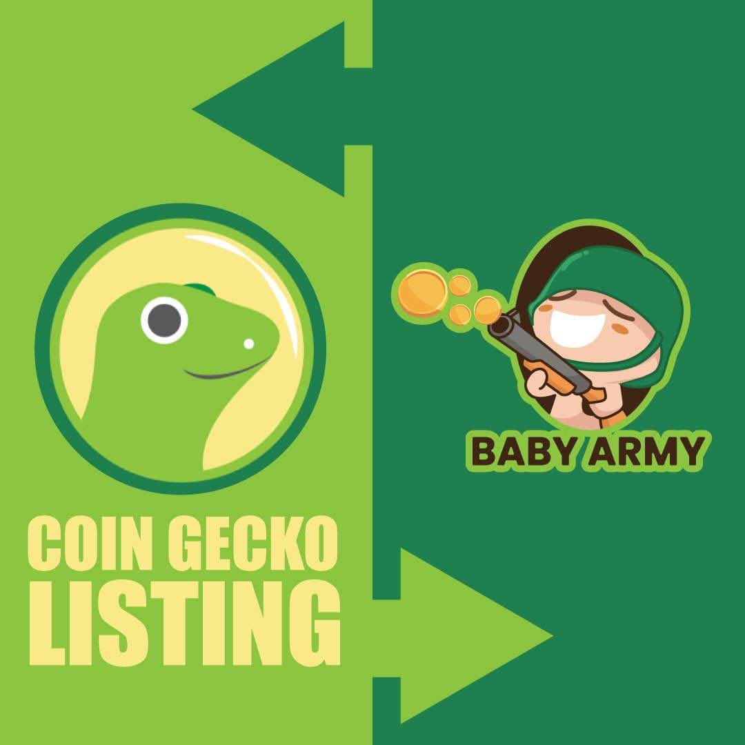 THIS IS IT 🤯 Within 24 hours of launch on Pancakeswap💪🏻

🔥🎊🍾CG 🦎 IS LIVE NOW 🔥 🍾🎊

coingecko.com/en/coins/babya…

LFG BabyArmy Fam ❤️

#babyarmy #barmy #CoinGecko #PancakeSwap #Crypto #FOMO #BabyARMY #BARMY #BSCGems #BNB #BSC #ToTheMoon #BinanceSmartChain #Binance