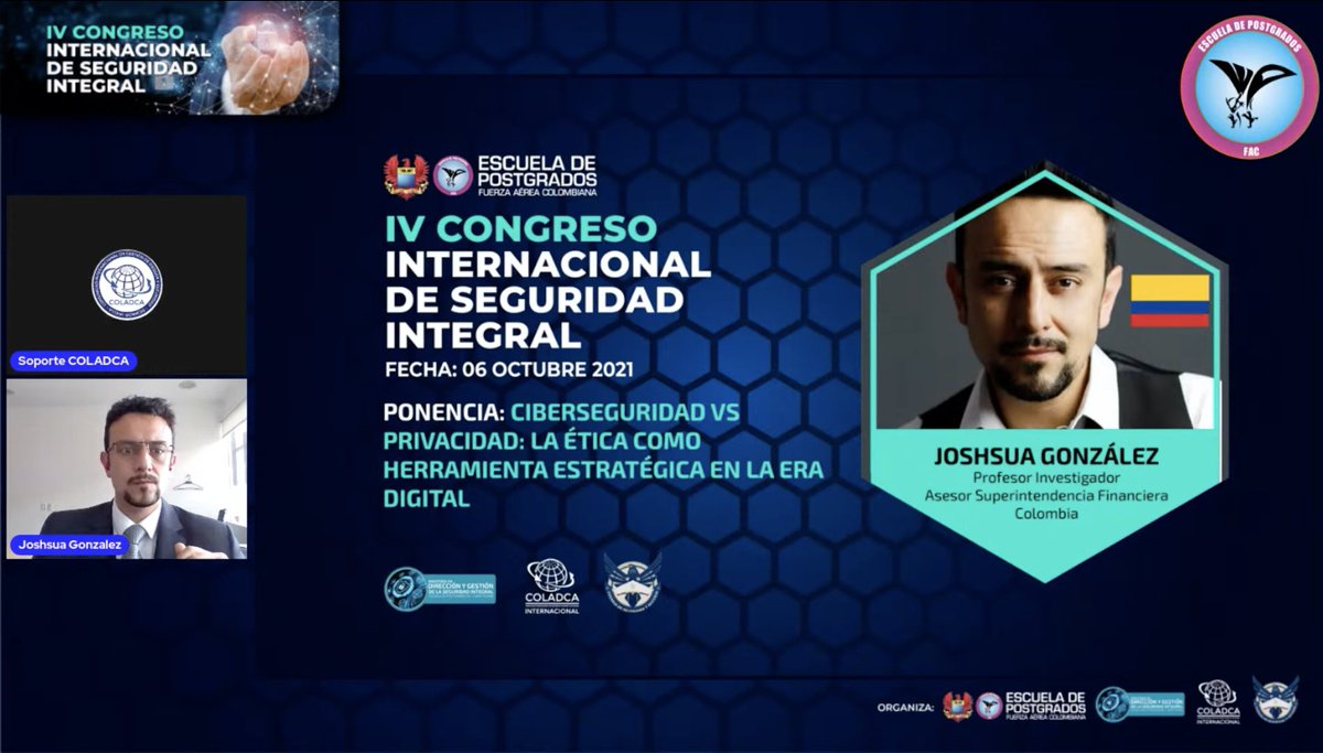 COLADCA's tweet photo. 🔐#Ciberseguridad Vs #Privacidad: La Ética como herramienta estratégica en la era digital. Gran abordaje propuesto por Joshsua González Profesor, Investigador y ponente en IV Congreso de Seguridad Integral #EPFAC #MADGSI #COLADCA #DejandoHuella
⭕ https://t.co/BG7vVXqFR5 https://t.co/K8PHQi0umR