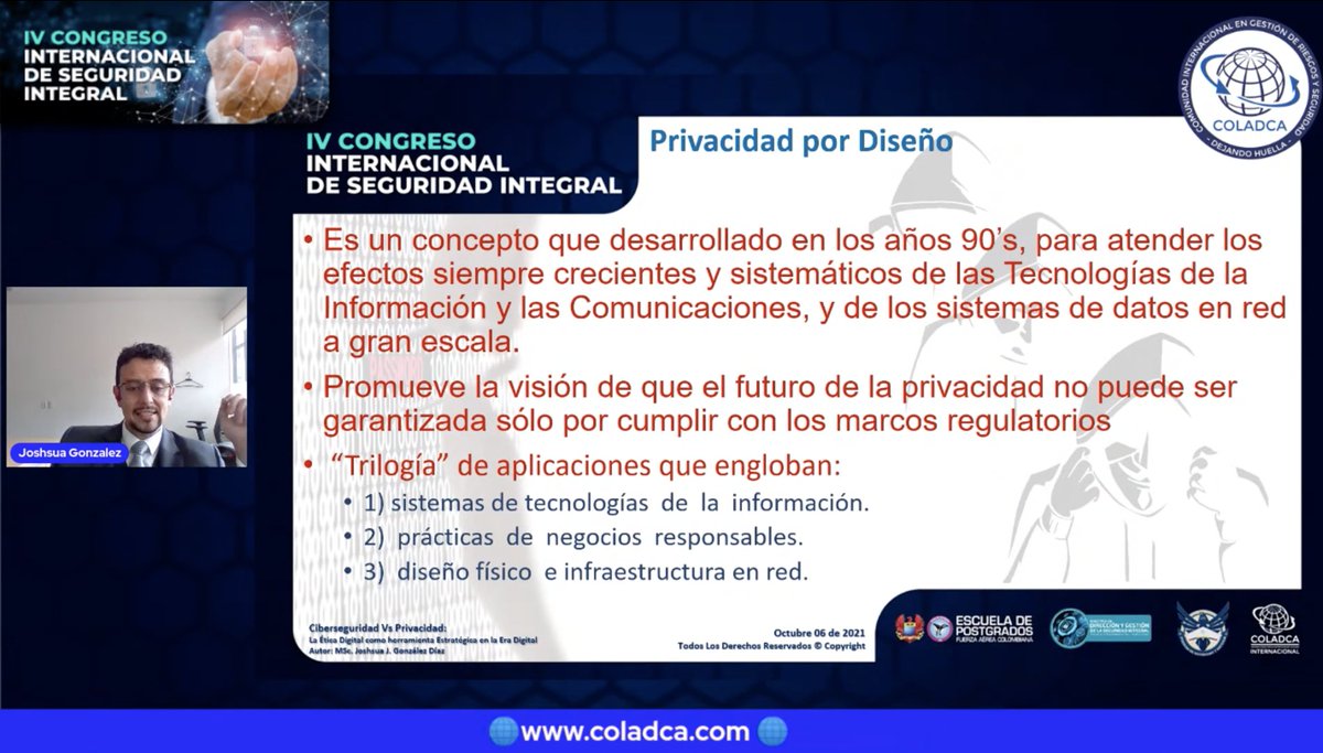 COLADCA's tweet photo. 🔐#Ciberseguridad Vs #Privacidad: La Ética como herramienta estratégica en la era digital. Gran abordaje propuesto por Joshsua González Profesor, Investigador y ponente en IV Congreso de Seguridad Integral #EPFAC #MADGSI #COLADCA #DejandoHuella
⭕ https://t.co/BG7vVXqFR5 https://t.co/K8PHQi0umR