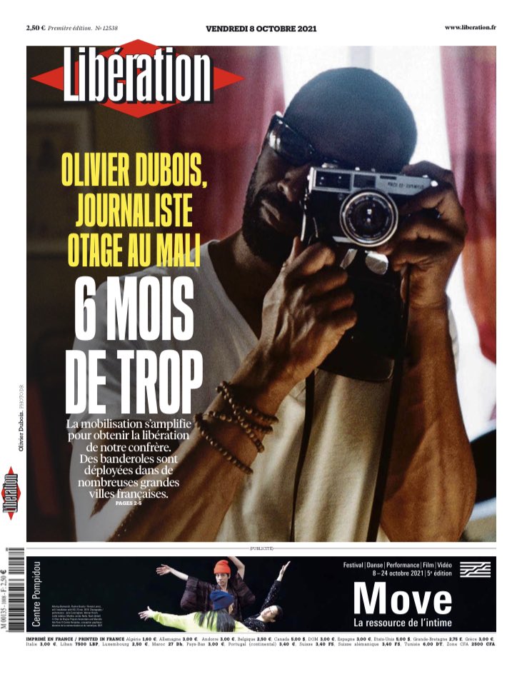 libe's tweet photo. À la une de Libération ce vendredi : 

🔴 Olivier Dubois, journaliste otage au Mali : 6 mois de trop 

https://t.co/nj2k4mQp7h 
#FreeOlivierDubois https://t.co/T2jwnNtM59