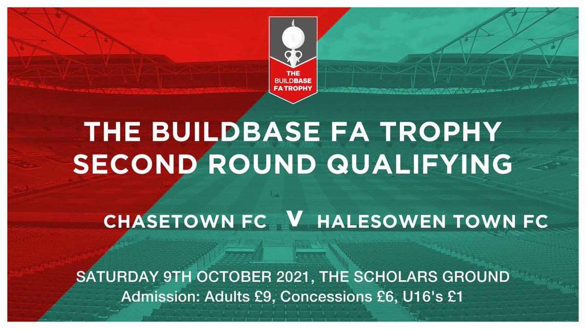 Next up: 🏆 @BuildbaseUK FA Trophy ⚽️ Chasetown v @halesowentownfc ⌚ Saturday 9th October, 3pm 🎟 Admission: Adults £9, Concession £6, U16s £1 🏟 The Scholars Ground, Church Street, Chasetown, WS7 3QL