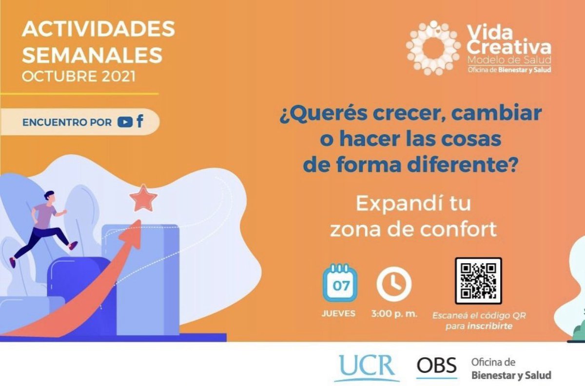 SaludUcr's tweet photo. Expandí tu zona de confort
¿Querés crecer, cambiar o hacer las cosas de forma diferente? 

Hoy, jueves 7 de octubre del 2021, a las 3:00 p. m., por medio de los perfiles de Facebook y YouTube de la OBS. https://t.co/kDMcbap5QM https://t.co/IIJY8QUQkg