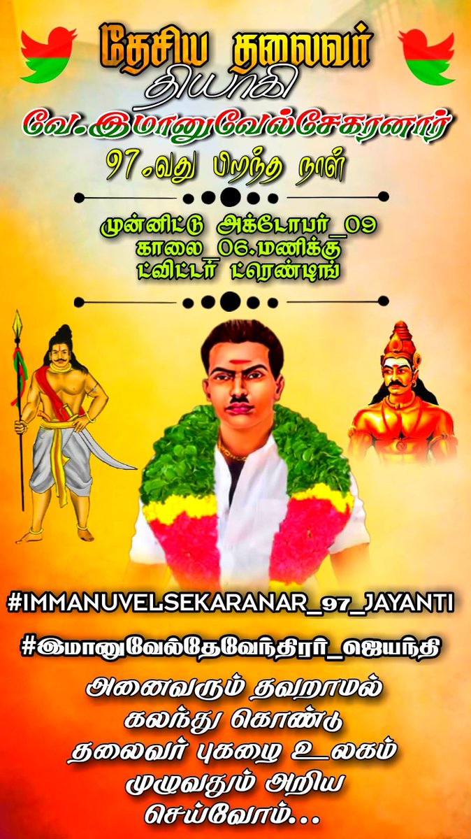 DevendrarTrendz's tweet photo. ❤TWITTER TREND ALERT💚

தேசியதலைவர் சமநீதி போராளி வே.இமானுவேல்சேகரனார்
அவர்களின் 97வது பிறந்தநாளை முன்னிட்டு

அக்.9
காலை 6 மணி

#IMMANUVELSEKARANAR_97_JAYANTI

#வே_இமானுவேல்தேவேந்திரர்_ஜெயந்தி https://t.co/Jwl6uLyDO7