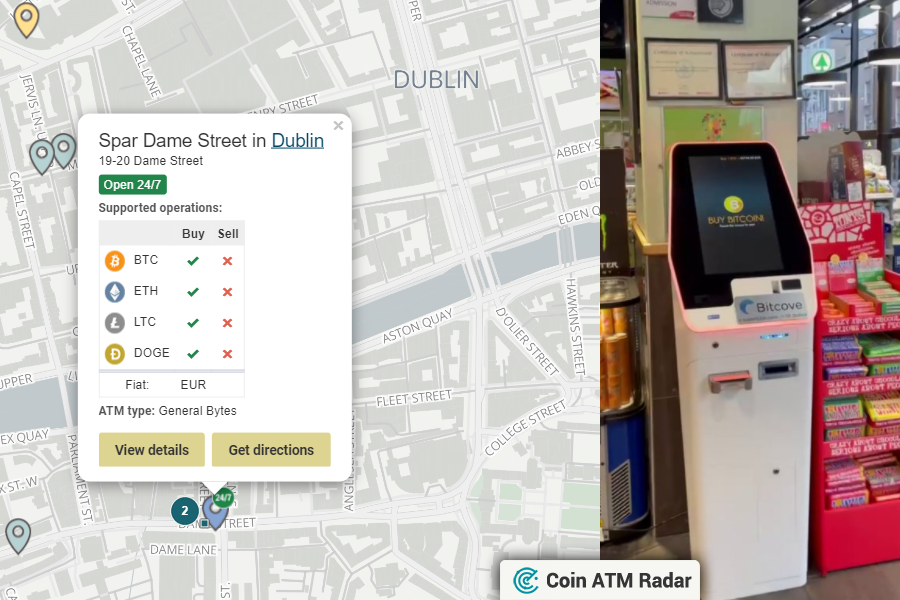 Just installed <a href="/generalbytes/">GENERAL BYTES</a> #bitcoin ATM at Spar Dame Street in #Dublin 🇮🇪. Operated by <a href="/Bitcoin_Ireland/">Bitcove</a>. Supported coins: #BTC, #ETH, #LTC, #DOGE
coinatmradar.com/bitcoin_atm/38…