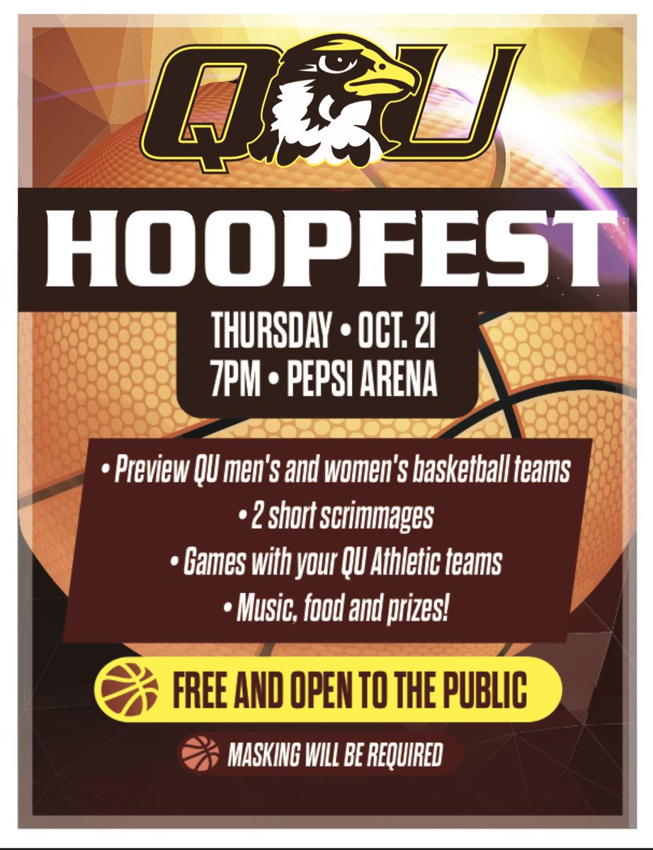 QUHawks's tweet photo. 🚨 ATTENTION HAWK FANS 🚨

We are exactly TWO weeks away from Hawks Hoopfest!

Make sure to mark your calendars and get a sneak peak at this year’s men’s and women’s basketball teams.

There will be music, food, and interactive crowd games in between team activities!

#FlyWithUs https://t.co/CNeNqbdfkG